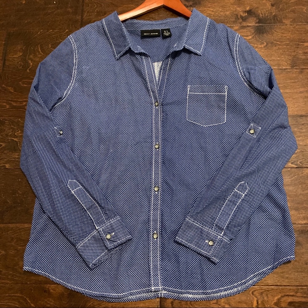 DKNY White Blue Stars XL Button Down Blouse Womens